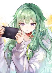 Rule 34 | 1girl, absurdres, closed mouth, drawstring, floral background, frown, game console, green hair, hair flaps, hands up, highres, holding, hood, hood down, hoodie, kusanagi nene, long hair, long sleeves, looking at viewer, messy hair, pipi, project sekai, purple eyes, sidelocks, solo, upper body, white background, white hoodie