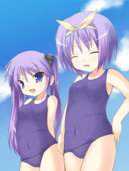 Rule 34 | 00s, 2girls, blue eyes, closed eyes, hair ribbon, hiiragi kagami, hiiragi tsukasa, long hair, lucky star, multiple girls, one-piece swimsuit, purple hair, purple one-piece swimsuit, purple school swimsuit, ribbon, safi, school swimsuit, short hair, siblings, sisters, swimsuit, twins, twintails