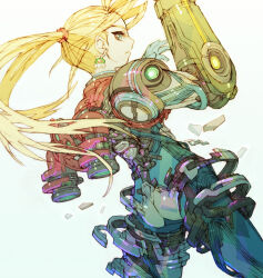 Rule 34 | 1girl, arm cannon, blonde hair, blue bodysuit, blue eyes, bodysuit, digital dissolve, dutch angle, earrings, exposed muscle, floating hair, jet engine, jewelry, long hair, looking at viewer, materializing, mechanical parts, metroid, metroid (creature), metroid dread, nakayama tooru, nintendo, parted lips, ponytail, power suit (metroid), samus aran, sideways glance, skin tight, solo, spinal cord, weapon, white background, zero suit