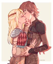 Rule 34 | 1boy, 1girl, armor, artist name, astrid hofferson, blonde hair, border, brown hair, circlet, closed eyes, couple, from side, grabbing another&#039;s chin, green background, hand on another&#039;s chin, hiccup horrendous haddock iii, how to train your dragon, kiss, leather armor, long hair, pauldrons, seoyeon, short hair, shoulder armor, simple background, white border