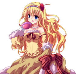Rule 34 | blonde hair, blue eyes, bow, cherry, cup, dress, duel monster, food, fruit, gloves, jewelry, long hair, madolche, madolche puddingcess, takayuuki, tiara, yu-gi-oh!, yuu-gi-ou, yu-gi-oh! duel monsters
