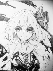 Rule 34 | + +, 1girl, closed mouth, collared shirt, commentary, greyscale, hair ornament, hands up, highres, magic, medium hair, monochrome, nail polish, photo (medium), rumia, shirt, shukusuri, smile, solo, touhou, traditional media, upper body, vest, wing collar