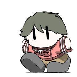 Rule 34 | 1girl, black footwear, brown shorts, chibi, commentary request, green hair, kantai collection, long sleeves, mogami (kancolle), neckerchief, no mouth, red neckerchief, red sailor collar, red shirt, sailor collar, school uniform, serafuku, shirt, shoes, short hair, shorts, simple background, solo, task (s task80), uniform, white background, | |