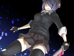 Rule 34 | 10s, 1girl, black thighhighs, blue hair, dress shirt, eyepatch, fingerless gloves, gloves, hair ornament, kantai collection, looking at viewer, magu (mugsfc), necktie, open mouth, shirt, skirt, smile, solo, sword, tenryuu (kancolle), thighhighs, weapon, yellow eyes