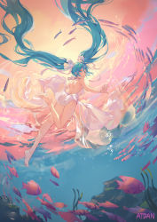 Rule 34 | 1girl, absurdly long hair, aqua eyes, aqua hair, artist name, atdan, barefoot, dress, fish, floating hair, full body, hair ribbon, hatsune miku, highres, long hair, outstretched arms, revision, ribbon, solo, spread arms, submerged, twintails, underwater, very long hair, vocaloid, white dress