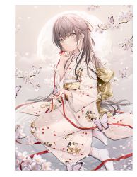 Rule 34 | 1girl, 6u (eternal land), absurdres, blush, brown eyes, brown hair, bug, butterfly, cherry blossoms, commentary, eshi 100 nin ten, highres, insect, japanese clothes, kimono, looking at viewer, moon, original, red rope, rope, sitting, solo, white footwear, yokozuwari
