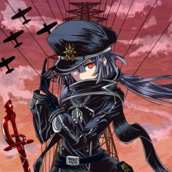 Rule 34 | 1girl, aircraft, airplane, belt, black gloves, black scarf, boat, duel monster, gloves, grey hair, hat over one eye, highres, looking at viewer, red eyes, ryuu (blackdeeno), scarf, sky striker ace - roze, solo, uniform, watercraft, yu-gi-oh!