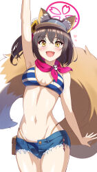 Rule 34 | 1girl, :d, animal ear fluff, animal ears, arm up, armpits, bikini, black hair, blue archive, breasts, cleavage, commentary request, denim, denim shorts, eyeshadow, flower, fox ears, fox girl, fox tail, hair between eyes, hair flower, hair ornament, halo, heart, izuna (blue archive), izuna (swimsuit) (blue archive), looking at viewer, makeup, medium breasts, medium hair, navel, ninja, official alternate costume, one side up, open mouth, pom pom (clothes), pom pom hair ornament, red scarf, rin ateria, scarf, short shorts, shorts, sidelocks, sleeveless, smile, solo, stomach, striped bikini, striped clothes, sunflower, swimsuit, tail, visor cap, waving, white background, yellow eyes