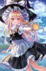Rule 34 | 1girl, apron, black vest, blonde hair, blush, bow, braid, cloud, commentary request, grin, hair bow, hat, hat bow, highres, kirisame marisa, long hair, looking at viewer, mini-hakkero, outdoors, rouge (my rouge), short sleeves, side braid, single braid, smile, solo, touhou, very long hair, vest, waist apron, water, white apron, white bow, witch hat, yellow eyes