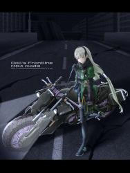 Rule 34 | 1girl, ammunition box, black gloves, black hairband, boots, brown eyes, character name, closed mouth, commentary, copyright name, english text, fingerless gloves, flatbox, full body, girls&#039; frontline, gloves, green jacket, grey hair, gun, h&amp;k mg4, hairband, handgun, heavily armed high school girls, highres, holding, holding gun, holding weapon, jacket, light machine gun, long hair, long sleeves, looking at viewer, machine gun, mg4 (girls&#039; frontline), mg4 (mod3) (girls&#039; frontline), mod3 (girls&#039; frontline), motor vehicle, motorcycle, pistol, road, road sign, scenery, sign, sitting, smile, solo, vehicle focus, very long hair, weapon