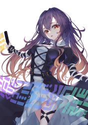 Rule 34 | 1girl, black dress, cross-laced clothes, dress, gradient hair, highres, hijiri byakuren, holding, holding scroll, juliet sleeves, layered dress, long hair, long sleeves, looking at viewer, multicolored hair, open mouth, puffy sleeves, purple hair, red eyes, scroll, simple background, solo, sorcerer&#039;s sutra scroll, standing, touhou, turtleneck, turtleneck dress, white background, white dress, yamanakaume