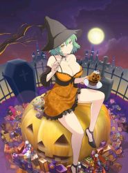 Rule 34 | 10s, 1girl, alternate costume, bare shoulders, breasts, candy, choker, cleavage, closed mouth, collarbone, cross, cupcake, dress, eating, expressionless, food, fork, full moon, green hair, halloween, halloween costume, hat, hikage (senran kagura), jack-o&#039;-lantern, large breasts, lollipop, looking at viewer, moon, night, night sky, official art, orange dress, outdoors, pouch, senran kagura, senran kagura new wave, short hair, sitting, sky, solo, strapless, strapless dress, tombstone, witch hat, wrapped candy, yaegashi nan, yellow eyes