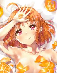 Rule 34 | 10s, 1girl, ahoge, arm up, armpits, artist name, bad id, bad pixiv id, blush, collarbone, commentary request, food, fruit, hand on forehead, highres, holding, holding food, light blush, looking at viewer, love live!, love live! sunshine!!, lying, mandarin orange, nude, on back, orange (fruit), orange hair, orange peel, orange slice, red eyes, smile, solo, takami chika, takenoko no you, upper body