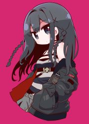 Rule 34 | 1girl, bare shoulders, black eyes, black hair, black jacket, braid, breasts, camisole, character request, closed mouth, commentary request, criminal girls, fur-trimmed jacket, fur trim, grey shorts, hair between eyes, hair ornament, hands in pockets, highres, jacket, long hair, long sleeves, looking at viewer, naga u, off shoulder, open clothes, open jacket, pink background, puffy long sleeves, puffy sleeves, shorts, side braids, simple background, small breasts, solo, striped, striped camisole, twin braids, x hair ornament
