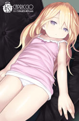 Rule 34 | 1girl, :&lt;, artist name, bare arms, bare shoulders, blonde hair, blush, camisole, capriccio, closed mouth, clothes lift, commentary request, couch, hair between eyes, long hair, looking at viewer, lying, on back, on couch, original, panties, pink camisole, purple eyes, skirt, skirt lift, solo, underwear, very long hair, white panties, white skirt