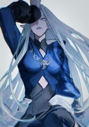 Rule 34 | 1girl, absurdres, arm up, blue background, blue eyes, blue hair, blue jacket, brooch, chinese commentary, commentary request, covering one eye, elezen, elf, feet out of frame, final fantasy, final fantasy xiv, grey lips, highres, huangjin shizi, jacket, jewelry, long hair, long sleeves, looking at viewer, one eye covered, parted lips, pointy ears, simple background, sitting, solo, ysayle dangoulain
