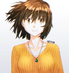 Rule 34 | alternate costume, artist name, brown eyes, brown hair, collarbone, ergot, hiryuu (kancolle), jewelry, kantai collection, looking at viewer, necklace, orange sweater, ribbed sweater, short hair, simple background, smile, solo, sweater, upper body, white background