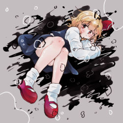 Rule 34 | 1girl, black skirt, black vest, commentary request, darkness, full body, grey background, hair ribbon, long sleeves, looking at viewer, lying, mary janes, on side, red eyes, red footwear, red ribbon, ribbon, rumia, shirt, shoes, short hair, skirt, sleeves past wrists, socks, solo, star (symbol), touhou, vest, warabe (be-san), white shirt, white socks