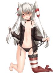 Rule 34 | 10s, 1girl, amatsukaze (kancolle), asymmetrical gloves, asymmetrical legwear, black panties, black shirt, blouse, breasts, brown eyes, collar, collarbone, frown, gloves, hair ornament, hair ribbon, hair tubes, kantai collection, keita (tundereyuina), kneeling, long hair, looking at viewer, navel, open clothes, open shirt, panties, ribbon, shirt, shoes, side-tie panties, silver hair, simple background, single shoe, single thighhigh, small breasts, solo, sweat, thighhighs, underwear, uneven gloves, uneven legwear, untied panties, white background, white gloves, white ribbon