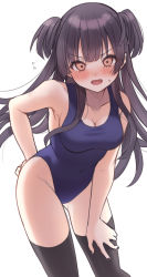 Rule 34 | 1girl, absurdres, black hair, black thighhighs, blue one-piece swimsuit, blush, breasts, brown eyes, cowboy shot, hand on own thigh, highres, idolmaster, idolmaster shiny colors, long hair, looking at viewer, mayuzumi fuyuko, medium breasts, nose blush, one-piece swimsuit, simple background, solo, standing, swimsuit, takio (kani sama), thighhighs, two side up, white background