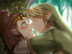 Rule 34 | 1boy, 1girl, blonde hair, blue eyes, blush, brown hair, couple, earrings, forest, gloves, grabbing another&#039;s chin, hand on another&#039;s chin, hat, hetero, imminent kiss, jewelry, link, long hair, nature, nervous, nintendo, pointy ears, princess zelda, sweat, sweatdrop, the legend of zelda, the legend of zelda: twilight princess, tiara, tree, wallpaper, wasabi (legemd), wide-eyed