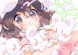 Rule 34 | 1girl, :3, animal ears, black eyes, black hair, carrot necklace, closed mouth, commentary, creature, dress, feet out of frame, frilled sleeves, frills, holding, holding creature, hug, inaba mob (touhou), inaba tewi, jewelry, jumping, looking at viewer, medium hair, mikako chan3, neck ruff, necklace, pink dress, puffy short sleeves, puffy sleeves, rabbit, rabbit ears, rabbit girl, short sleeves, smile, solo, touhou, | |