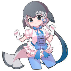 Rule 34 | 1girl, adapted costume, blue bow, blue bowtie, blue eyes, blue shirt, blue thighhighs, blush, bow, bowtie, cetacean tail, cosplay, cowboy shot, fins, fish tail, frilled skirt, frilled sleeves, frills, gloves, grey hair, hair bow, highres, kemono friends, looking at viewer, multicolored hair, narwhal (kemono friends), pig (kemono friends), pig (kemono friends) (cosplay), pig nose, puffy short sleeves, puffy sleeves, remora (samewakame), shirt, short hair with long locks, short sleeves, skirt, solo, sweatdrop, tail, thighhighs, two-tone shirt, whale girl, white gloves, white hair, white skirt, zettai ryouiki