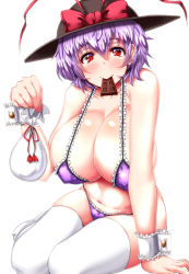 Rule 34 | 1girl, alternate costume, arm support, bare arms, bare shoulders, bikini, black hat, blush, bow, breasts, chocolate, cleavage, collarbone, cover, covered erect nipples, food in mouth, frilled bikini, frills, hair between eyes, hat, hat bow, highres, huge breasts, looking at viewer, mouth hold, nagae iku, navel, pouch, purple bikini, purple hair, red bow, red eyes, short hair, sideboob, sitting, solo, swimsuit, thighhighs, touhou, white thighhighs, wrist cuffs, yokozuwari, zan (harukahime)
