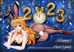Rule 34 | 1girl, 2023, ass, bow, bowtie, breasts, cleavage, clock, grin, happy new year, high heels, highres, large breasts, legs, leotard, long hair, looking at viewer, nami (one piece), new year, one piece, orange hair, pantyhose, playboy bunny, rabbit ears, rabbit tail, smile, tattoo, thighs