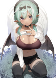 Rule 34 | 1girl, bare shoulders, black choker, black headwear, black nails, black shirt, black skirt, black thighhighs, breasts, camisole, choker, cleavage, clothes lift, collarbone, crop top, dark-skinned female, dark skin, demon girl, demon wings, earrings, finger to mouth, green hair, hairband, hand on own thigh, hat, highres, jewelry, large breasts, lifting own clothes, long sleeves, meth (emethmeth), midriff, miniskirt, multicolored hair, nail polish, navel, off shoulder, original, pointy ears, purple eyes, shirt, shirt lift, sidelocks, skirt, sleeveless, sleeveless shirt, smile, solo, spaghetti strap, squatting, stomach, streaked hair, thighhighs, toeless legwear, white shirt, wings, zettai ryouiki