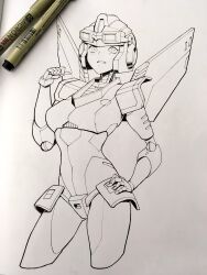 Rule 34 | 1girl, anode (transformers), breasts, goggles, goggles on head, hand on own hip, helmet, highres, humanoid robot, mechanical wings, medium breasts, panties, photo (medium), robot, robot girl, solo, the transformers (idw), traditional media, transformers, underwear, wings, zoner