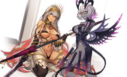Rule 34 | 2girls, abs, absurdres, bare shoulders, bikini, black dress, black thighhighs, blue eyes, breasts, chain, choker, cleavage, collarbone, colored skin, crown, cuffs, demon tail, demon wings, detached sleeves, dress, earrings, elbow gloves, fate/grand order, fate (series), glasses, gloves, grey hair, grey skin, grin, halterneck, highleg, highleg bikini, highres, horns, jacques de molay (foreigner) (fate), jacques de molay (foreigner) (third ascension) (fate), jewelry, large breasts, long hair, looking at viewer, multiple girls, neck ring, polearm, q18607, short dress, short hair, sitting, skeletal arm, skull, smile, spear, stake, swimsuit, sword, tail, thighhighs, thighs, torn clothes, torn dress, see-through body, wariza, weapon, white dress, white gloves, wings, yellow eyes, zenobia (fate)