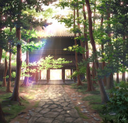 Rule 34 | architecture, artist name, building, commentary request, day, east asian architecture, forest, grass, highres, inika, light rays, nature, no humans, original, outdoors, pavement, plant, rock, scenery, shrine, signature, sunbeam, sunlight, tree