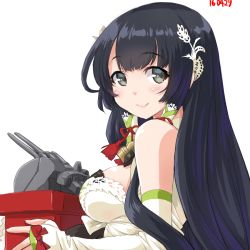 Rule 34 | 10s, 1girl, black hair, bow, box, dated, dd (ijigendd), dress, grey eyes, hair tubes, hairband, holding, holding box, kantai collection, lace hairband, lips, long hair, mizuho (kancolle), red bow, simple background, smile, solo, strapless, strapless dress, turret, white background