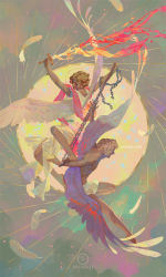 Rule 34 | 2boys, angel, artist name, awanqi, bare legs, barefoot, battle, chain, circle, feathered wings, feathers, flaming sword, flaming weapon, highres, holding, holding sword, holding weapon, lucifer (mythology), multiple boys, original, short hair, sword, topless male, watermark, weapon, web address, white wings, wings