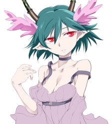 Rule 34 | 1girl, antlers, blue hair, breasts, c (control), choker, cleavage, collarbone, dress, funnyari, head wings, horns, pointy ears, q (control), red eyes, short hair, simple background, solo, strap slip, white background, wings