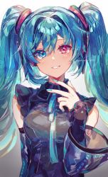 Rule 34 | 1girl, ayatsuki sugure, black shirt, blouse, blue eyes, blue hair, blue nails, blue neckwear, detached sleeves, hatsune miku, hatsune miku (nt), highres, long hair, looking at viewer, nail polish, red eyes, shirt, simple background, smile, solo, twintails, twitter username, two side up, upper body, vocaloid, white background