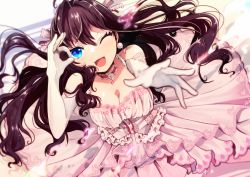 Rule 34 | 1girl, ;d, blue eyes, breasts, brown hair, choker, cleavage, dress, earrings, elbow gloves, floating hair, frilled ribbon, frills, from above, gloves, hair ribbon, highres, ichinose shiki, idolmaster, idolmaster cinderella girls, jewelry, layered dress, long hair, looking at viewer, medium breasts, obybuss, one eye closed, open mouth, pink dress, ribbon, sleeveless, sleeveless dress, smile, solo, very long hair, white gloves, white ribbon