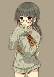 Rule 34 | 1girl, bad id, bad pixiv id, blush, chips (food), eating, food, glasses, hanekoto, long hair, original, potato chips, simple background, solo, sweater