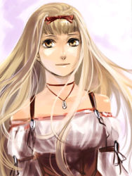 Rule 34 | 1girl, bare shoulders, blonde hair, brown eyes, collarbone, detached sleeves, dress, gensou suikoden, gensou suikoden v, hair ribbon, halterneck, halterneck, jewelry, looking at viewer, lowres, luserina barows, neck ring, necklace, pendant, ribbon, sakishima (irregular colors), sleeveless, sleeveless dress, smile, solo, upper body