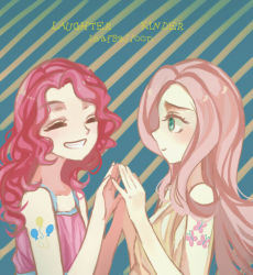 Rule 34 | 2girls, bad id, bad pixiv id, bare shoulders, blush, commentary, dress, english text, closed eyes, fluttershy, green eyes, grin, leaf balloon, long hair, lowres, multiple girls, my little pony, my little pony: friendship is magic, personification, pink hair, pinkie pie, sleeveless, sleeveless dress, smile, tattoo, upper body