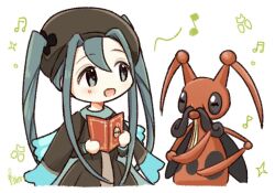 Rule 34 | 1girl, aoiyui, beamed eighth notes, blue eyes, blue hair, book, brown headwear, bug, bug miku (project voltage), chibi, commentary, creatures (company), dress, eighth note, game freak, gen 4 pokemon, hair between eyes, hat, hatsune miku, holding, holding book, kricketune, long hair, long sleeves, musical note, nintendo, open mouth, pokemon, pokemon (creature), project voltage, signature, simple background, twintails, very long hair, vocaloid, white background