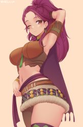 Rule 34 | 1girl, arm behind head, armlet, armpits, artist name, bare shoulders, belt, braid, breasts, brown eyes, closed mouth, commentary, commission, cowboy shot, earrings, fire emblem, fire emblem: three houses, from side, high ponytail, highres, jewelry, large breasts, long hair, looking at viewer, midriff, miniskirt, navel, navel piercing, nintendo, one eye closed, petra macneary, piercing, ponytail, purple hair, shellvi, skirt, smile, solo, stomach, thighhighs, thighs
