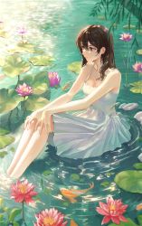 Rule 34 | 1girl, absurdres, bare shoulders, breasts, brown hair, cleavage, closed mouth, commentary, dress, english commentary, fingernails, fish, flower, green eyes, hair between eyes, highres, lacy (beees002), lily pad, long hair, looking away, lotus, medium breasts, original, outdoors, pink flower, ripples, sitting, sleeveless, sleeveless dress, solo, water, water lily flower, white dress