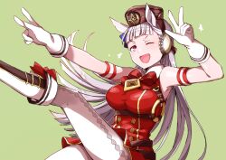 Rule 34 | 1girl, animal ears, blunt bangs, boots, bow, bowtie, breasts, collared dress, dress, ear bow, gloves, gold ship (umamusume), green background, grey hair, hat, highres, horse ears, horse girl, large breasts, leg up, long hair, looking at viewer, medium breasts, nanaheibei 3, one eye closed, open mouth, pillbox hat, purple bow, purple eyes, red dress, shirt, sleeveless, sleeveless dress, smile, solo, umamusume, w, white footwear