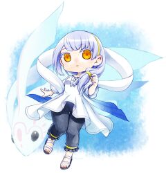 1girl chibi dress elefee familiar fish grey_hair hairband highres izumi_(under_night_in-birth) kano52k long_hair open_mouth sandals side_ponytail under_night_in-birth under_night_in-birth_2_sys:celes white_dress yellow_eyes yellow_hairband