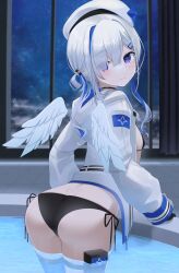 Rule 34 | 1girl, absurdres, amane kanata, amane kanata (work), angel, angel wings, ass, beret, bikini, black bikini, black choker, blue hair, blush, choker, closed mouth, commentary, detached wings, eyes visible through hair, feathered wings, flat chest, hair ornament, hair over one eye, hair rings, hairclip, hat, highres, hololive, jacket, leaning forward, long hair, long sleeves, looking at viewer, multicolored hair, open clothes, open jacket, pink hair, pool, purple eyes, side-tie bikini bottom, smile, solo, streaked hair, swimsuit, thigh strap, tojo aoi, virtual youtuber, wading, white hair, white hat, white jacket, wings