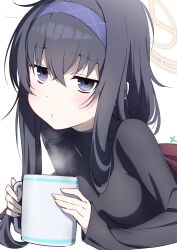 Rule 34 | 1girl, absurdres, black eyes, black hair, black shirt, blue archive, blue hairband, commentary, cup, fingernails, hair between eyes, hairband, halo, highres, holding, holding cup, long hair, long sleeves, looking at viewer, lying, makicha (sasurainopink), making-of available, on stomach, shirt, simple background, sleeves past wrists, solo, steam, ui (blue archive), white background, yellow halo