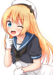 Rule 34 | 1girl, blonde hair, blue eyes, blue sailor collar, collarbone, comiching, dress, gloves, hair between eyes, hat, highres, jervis (kancolle), kantai collection, long hair, one eye closed, open mouth, sailor collar, sailor dress, sailor hat, short sleeves, simple background, smile, solo, upper body, white background, white dress, white gloves, white hat