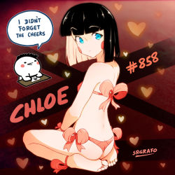 Rule 34 | 1girl, ass, barefoot, bikini, black hair, blue eyes, blunt bangs, blush stickers, chloe (srgrafo), english text, feet, from behind, looking at viewer, looking back, multicolored hair, original, pink bikini, seiza, short hair, sitting, soles, solo, speech bubble, srgrafo, swimsuit, toes, two-tone hair